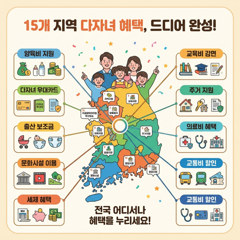 15개 지역 다자녀 혜택, 드디어 한 표로 완성했어요