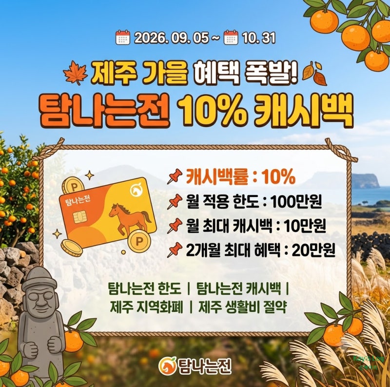 2026 제주 탐나는전 캐시백 10% 한도 상향, 9월 10월 최대 20만원 혜택 정리