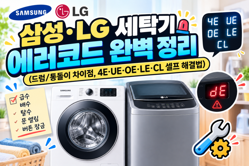 삼성·LG 세탁기 에러코드 완벽 정리 (드럼/통돌이 차이점, 4E, UE, OE, LE, CL 셀프 해결법)