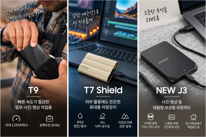 사진·영상·저장용 삼성 외장SSD 외장하드 추천, T9 T7 Shield NEW J3 비교