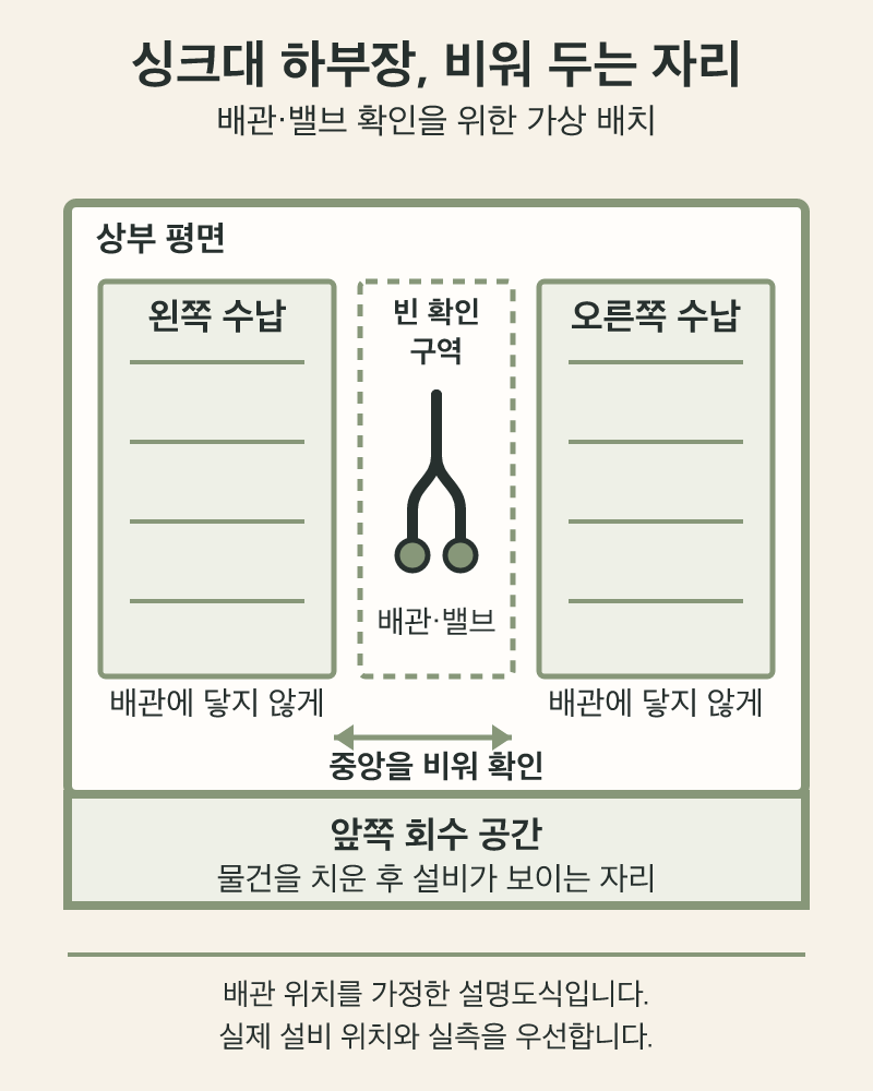 싱크대 하부장 정리: 배관과 밸브를 가리지 않는 배치