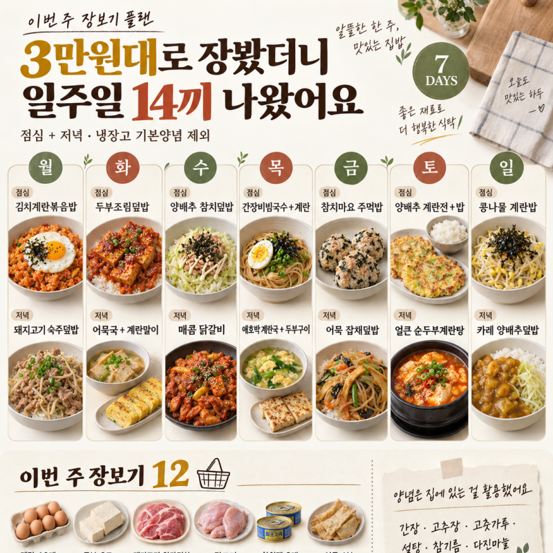 3만원대로 장봤더니 일주일 14끼 나왔어요, 점심·저녁 식단표