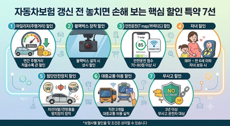 자동차보험 갱신 전 놓치면 손해 보는 핵심 할인 특약 7선