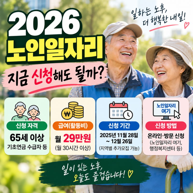 2026 노인일자리 지금도 신청 가능할까?｜65세 이상 자격·월 29만원·신청방법