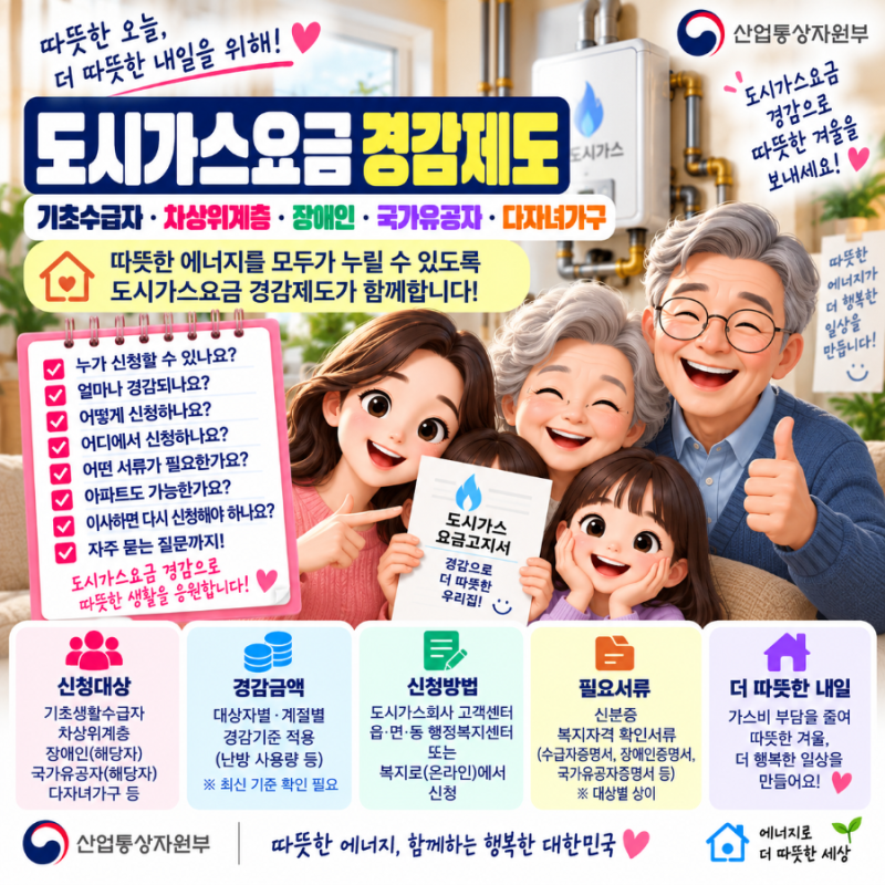 도시가스요금 경감 신청대상·신청방법｜기초수급자·차상위·장애인·다자녀 가스비 할인