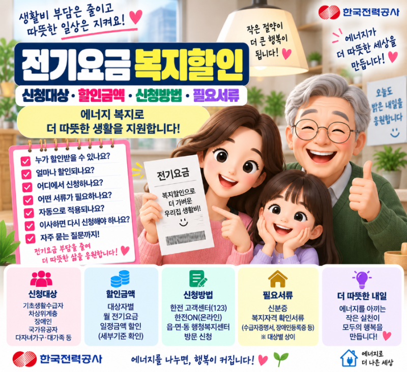 전기요금 복지할인 신청대상·신청방법｜기초수급자·장애인·다자녀가구 전기세 할인