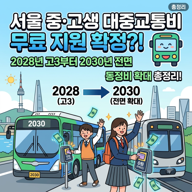 [신규] 서울 중·고생 대중교통비 무료 지원 확정?! 2028년 고3부터 2030년 전면 확대 총정리! ✨