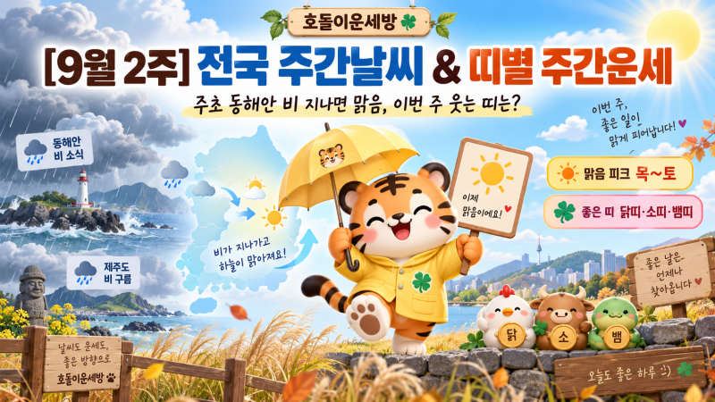 [9월 2주] 전국 주간날씨 & 띠별 주간운세｜주초 동해안 비 지나면 맑음, 이번 주 웃는 띠는?