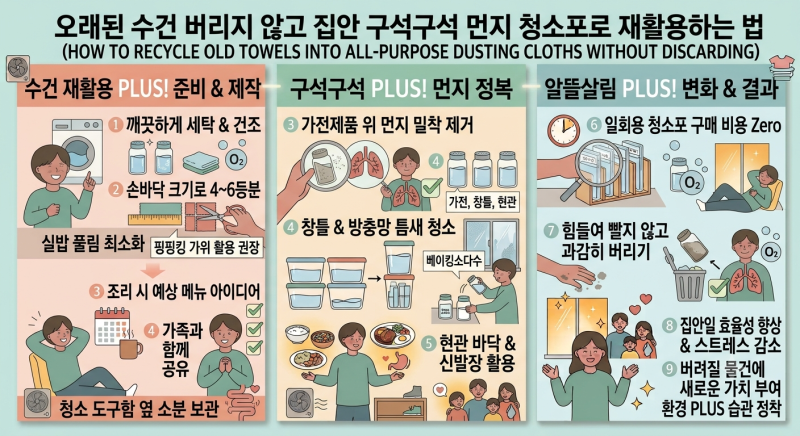 오래된 수건 버리지 않고 집안 구석구석 먼지 청소포로 재활용하는 법