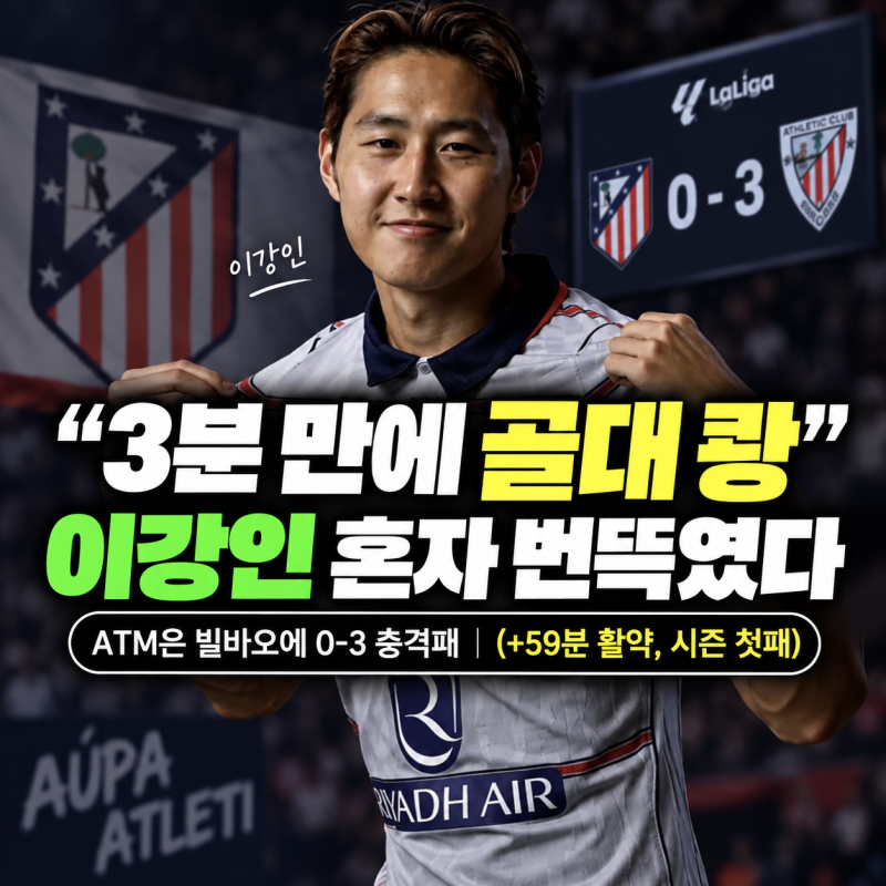 “3분 만에 골대 쾅” 이강인 혼자 번뜩였다…ATM은 빌바오에 0-3 충격패(+59분 활약, 시즌 첫패....