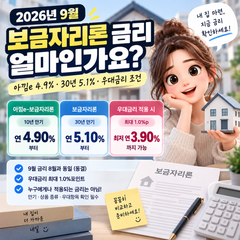 2026년 9월 보금자리론 금리 얼마? 아낌e 4.9%·30년 5.1%·우대금리 조건
