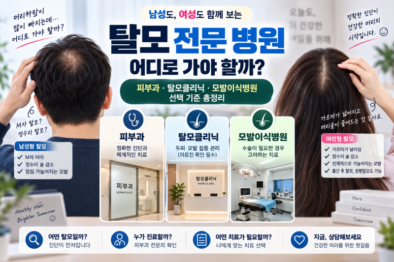 ⚕️ 탈모 전문 병원 어디로 가야 할까? 남성·여성 탈모 피부과·탈모클리닉 선택 기준