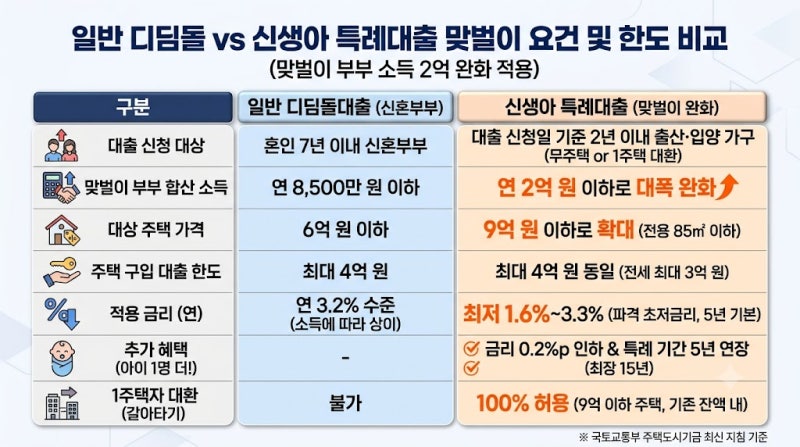 "5년간 이자만 2,560만 원 절감" 신생아 특례대출 vs 디딤돌 맞벌이 소득 2억 완화 총정리 (구입....