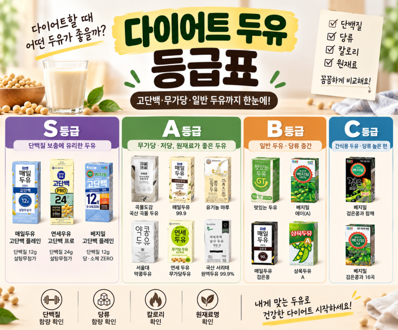 다이어트 두유 추천｜고단백·무가당 두유 S·A·B·C 등급별 비교