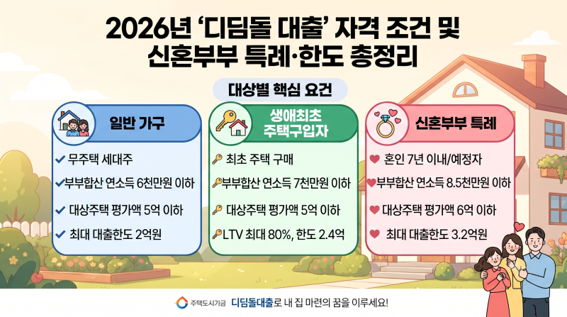 2026 '디딤돌 대출' 자격 조건 및 신혼부부 특례·한도 총정리 (생애최초 비교)