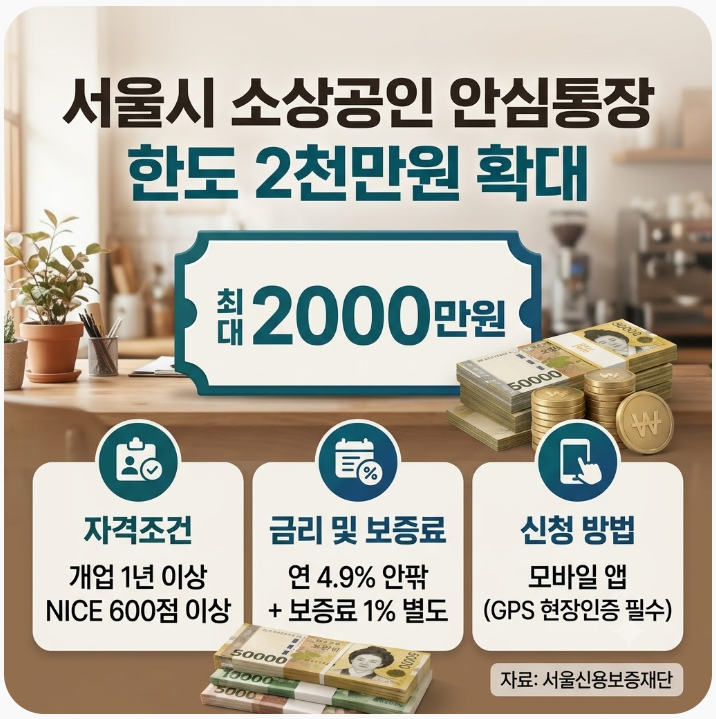 서울시 소상공인 안심통장 한도 2000만원 확대 자격조건과 금리