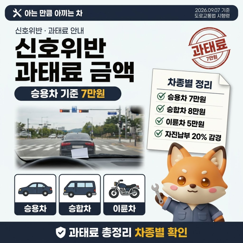 신호위반과태료금액 차종별 7만원과 범칙금 벌점 자진납부 감경 정리