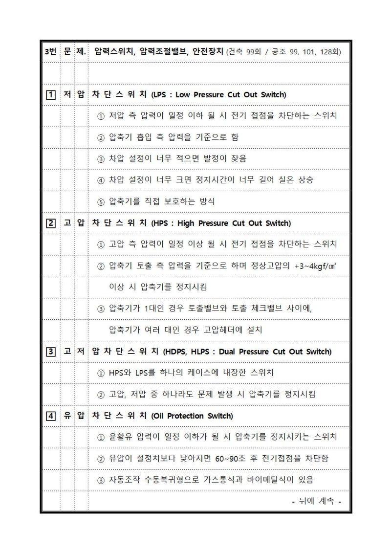 압력스위치, 압력조절밸브, 안전장치 (건축 99회 / 공조 99, 101, 128회)