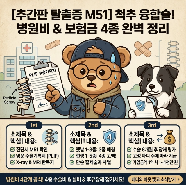 [추간판 탈출증 M51] 척추 융합술 병원비는 얼마? 1-5종 수술비 4종 청구 & 후유장해 총정리