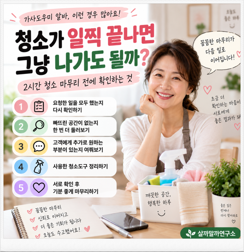 가사도우미 알바 일찍 끝나면 그냥 나가도 될까｜2시간 청소 마무리 전에 확인하는 것