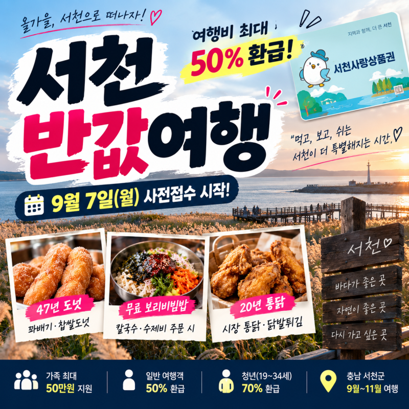 2026 서천 반값여행 신청방법, 가족 최대 50만원·청년 70% 환급