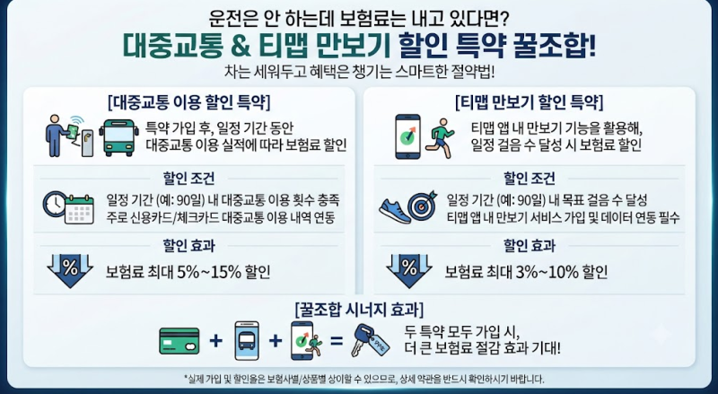 운전은 안 하는데 보험료는 내고 있다면? 대중교통 & 티맵 만보기 할인 특약 꿀조합!