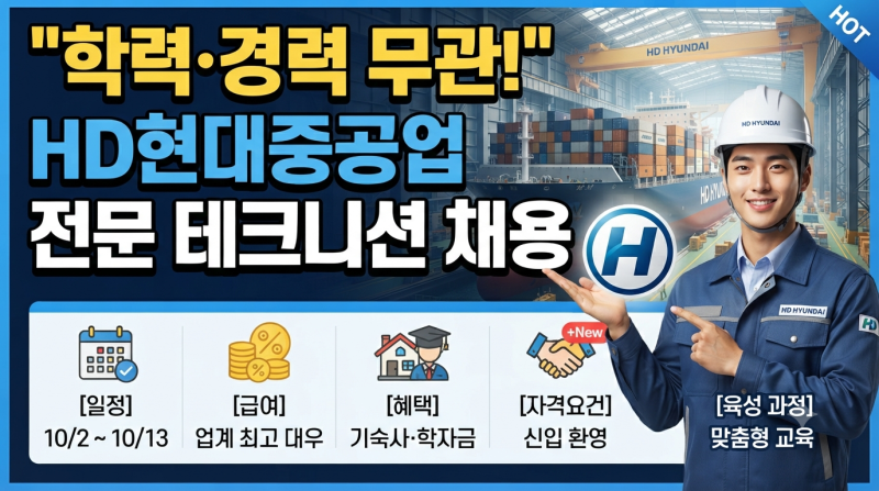 "학력·경력 무관!" HD현대중공업 전문 테크니션 채용: 일정, 급여, 혜택, 자격요건, 육성 과정 ....