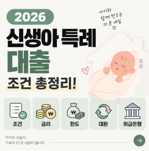 2026 신생아 특례 대출 조건 총정리! (조건·금리·한도·대환 및 취급은행 등)