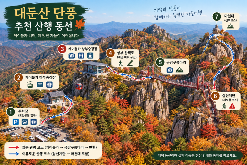 대둔산 단풍｜케이블카만 타고 내려오면 아쉽습니다, 절정 예상일과 금강구름다리 코스