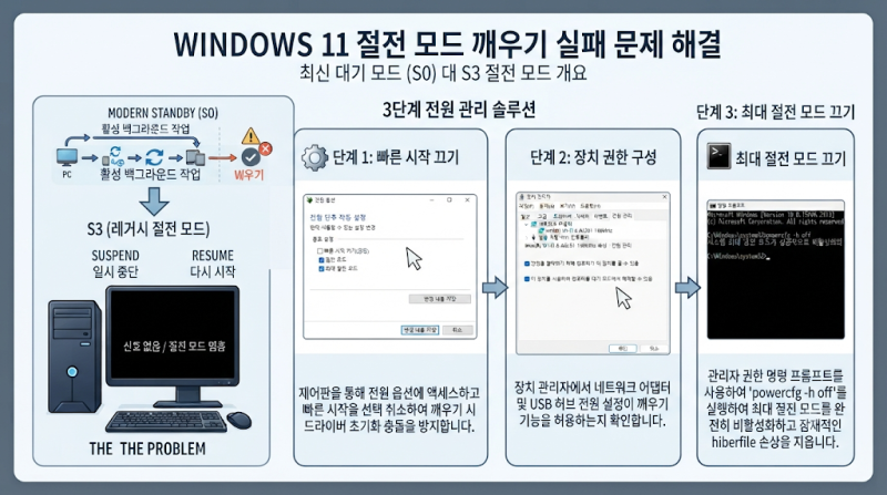 윈도우 11 절전 모드 화면 안 켜짐 먹통 해결법: 전원 관리와 빠른 시작 끄기 3단계