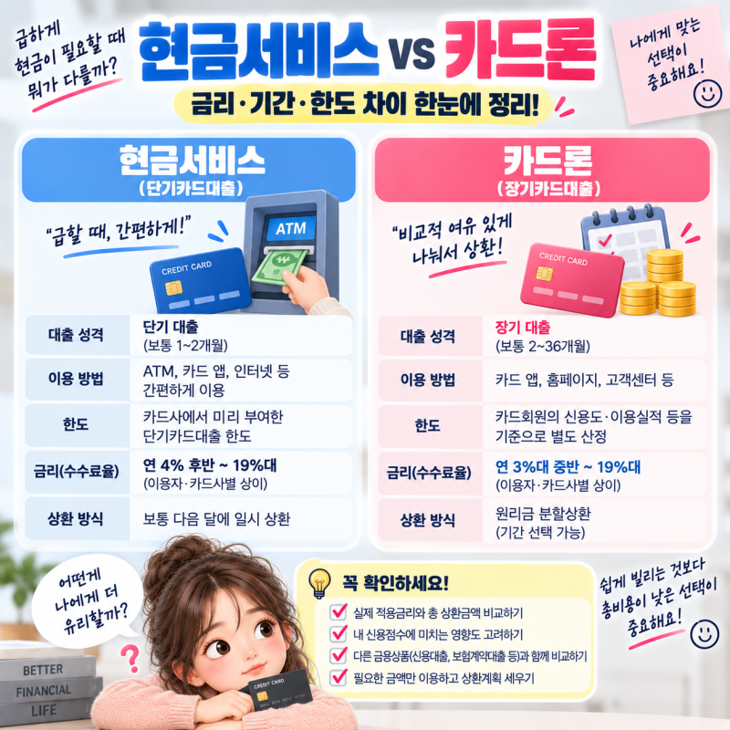 카드론 vs 현금서비스 차이｜금리·기간·신용카드 한도 무엇이 다를까?