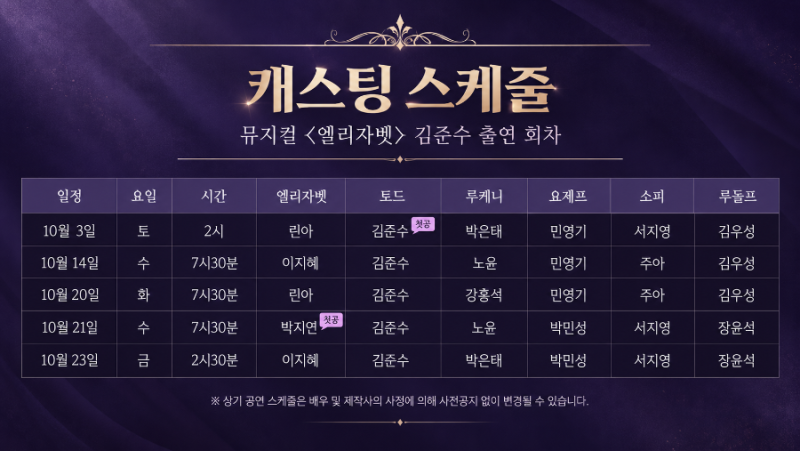 2026 뮤지컬 엘리자벳 4차 캐스팅 스케줄 김준수 출연 회차 티켓팅
