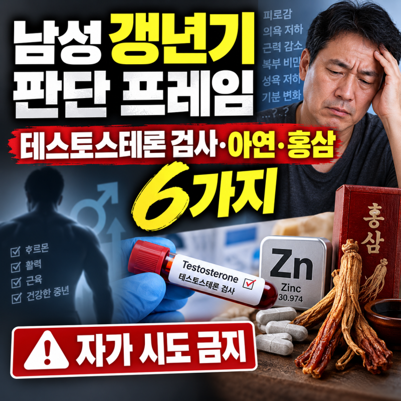 남성 갱년기 판단 프레임, 테스토스테론 검사·아연·홍삼 6가지 (자가 시도 금지)