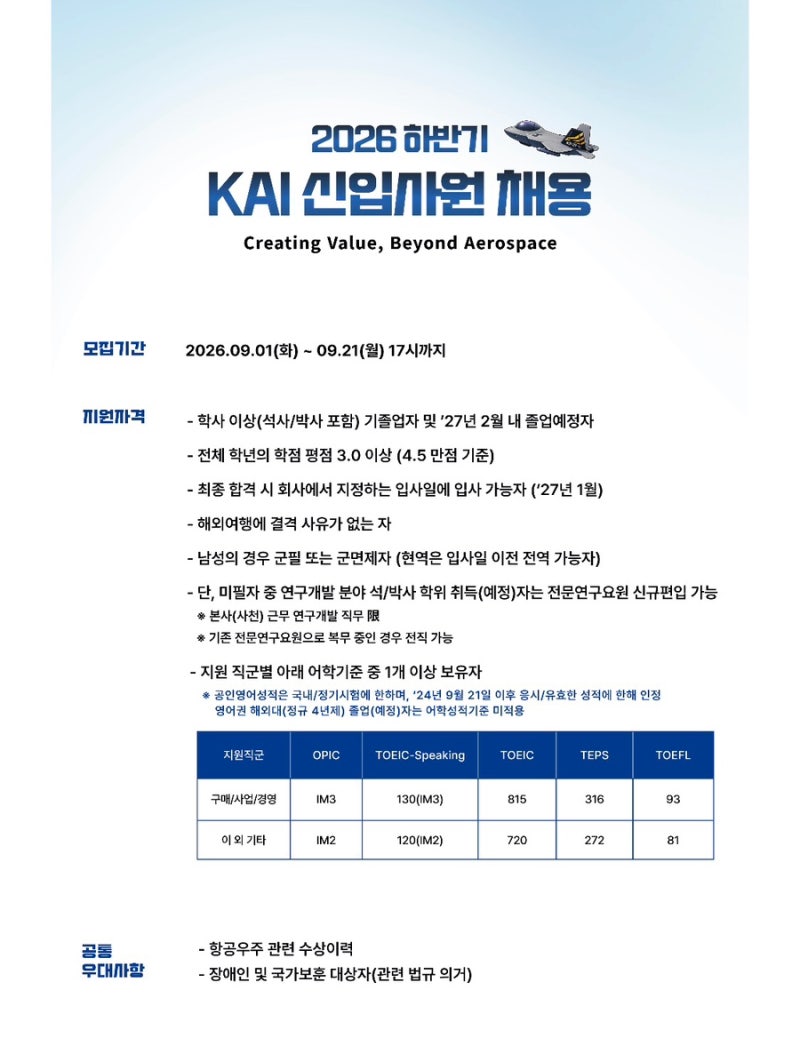 2026년 하반기 KAI(카이/한국항공우주산업(주)) 신입사원 채용! 대한민국 항공우주의 미래를 책....