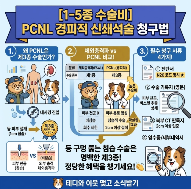 [신쇄석술 1-5종 수술비] 신장 결석 PCNL(경피적 신쇄석술) N20 코드 3종 청구법 & 필수 서류 총정....