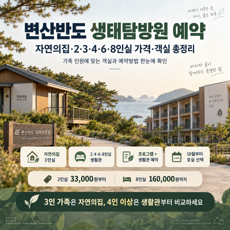 변산반도 생태탐방원 예약, 자연의집·2·3·4·6·8인실·객실 한번에 확인