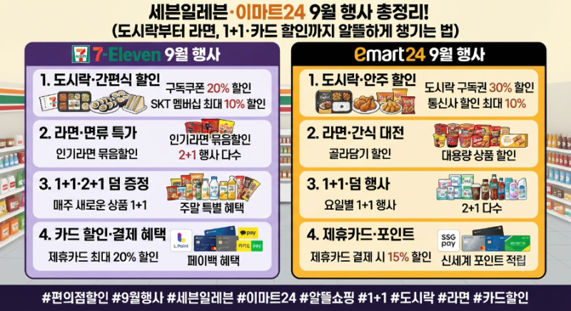 세븐일레븐·이마트24 9월 행사 총정리! 도시락부터 라면, 1+1·카드 할인까지 알뜰하게 챙기는....