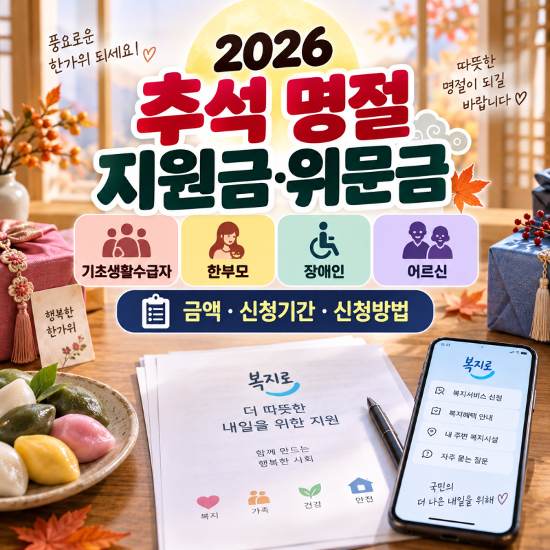 2026 추석 명절 지원금·위문금(기초생활수급자, 한부모, 장애인, 어르신, 지역별 금액, 신청기....