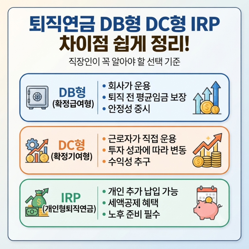 퇴직연금 DB형 DC형 뜻 IRP 차이점 쉽게 정리! 직장인이 꼭 알아야 할 선택 기준