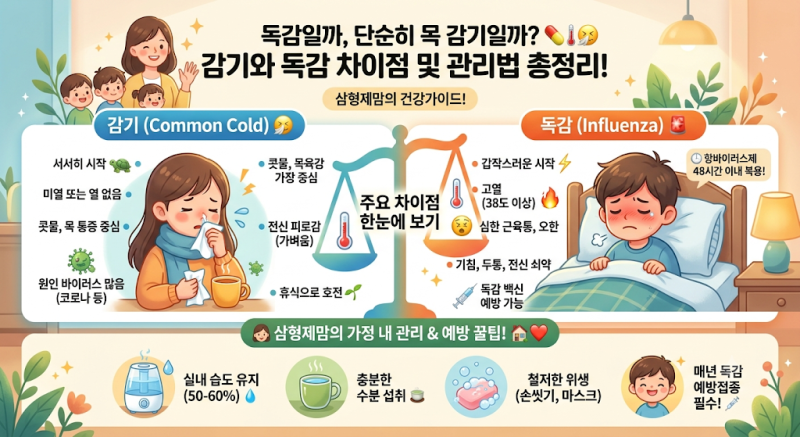 독감일까, 단순히 목 감기일까? 삼형제맘이 깔끔하게 정리해 드리는 감기와 독감 차이점 및 ....