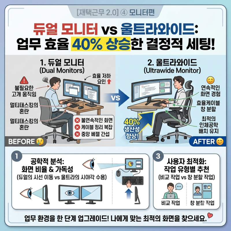 [재택근무 2.0] ④ 모니터편 : 듀얼 모니터 vs 울트라와이드: 업무 효율이 40% 상승한 결정적 세....