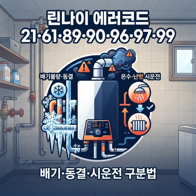 린나이 보일러 에러코드 21·61·89·90·96·97·99, 배기·동결·시운전 확인법