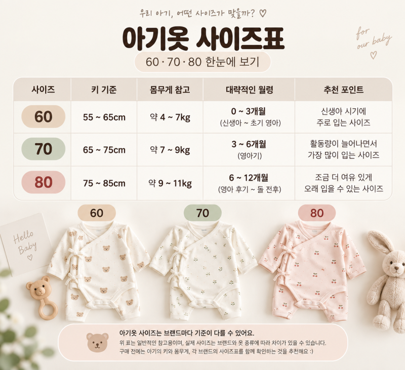 신생아 내복 사이즈 60 70 80 언제까지? 아기옷 사이즈표 정리