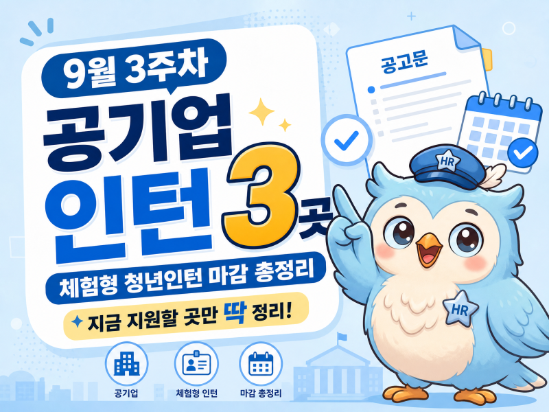 2026년 9월 3주차 공기업·공공기관 인턴 채용 3곳｜체험형 청년인턴 마감 총정리