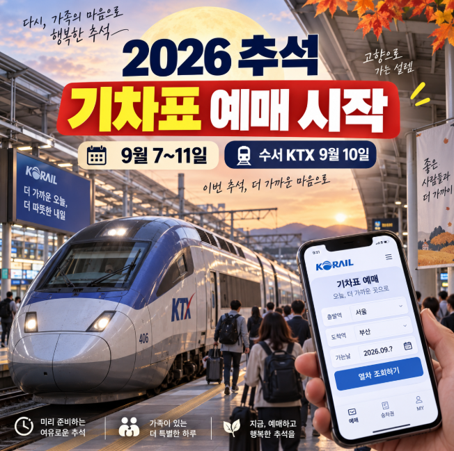 2026 추석 기차표 예매 오늘 시작｜KTX 9월 8~11일·수서 10일·코레일+·결제일 총정리