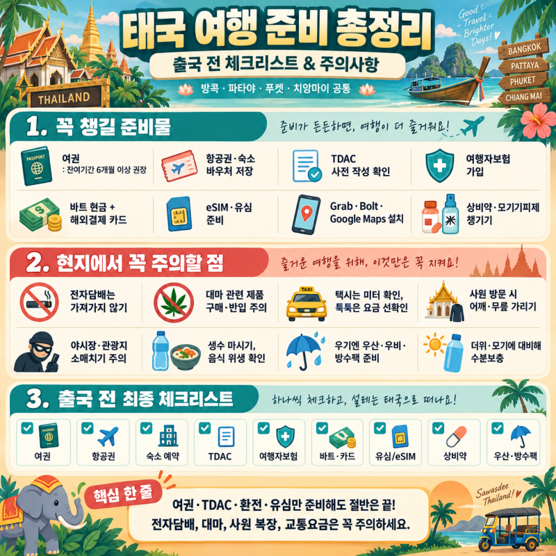 태국 여행 준비물·주의사항 총정리방콕·파타야·푸켓·치앙마이 가기 전 이것만은 꼭 체크!