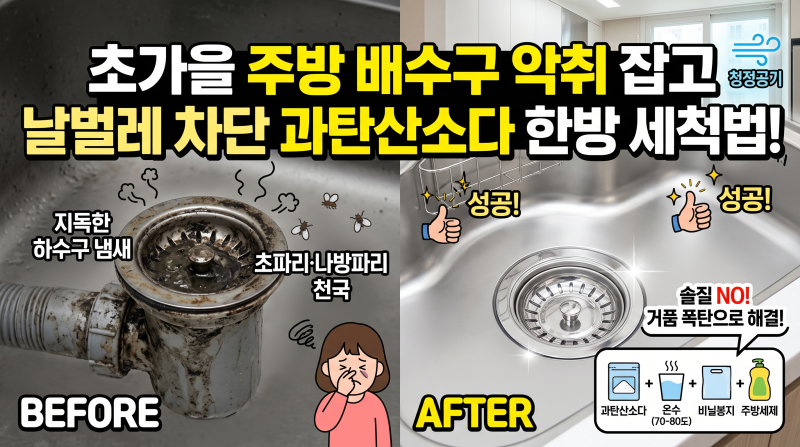 초가을 주방 배수구 악취 잡고 날벌레 차단하는 과탄산소다 세척법