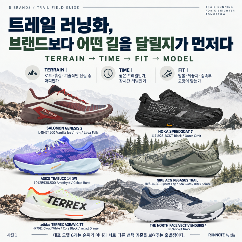 트레일 러닝화 대표 브랜드 6｜Salomon·HOKA·ASICS·NIKE·adidas·THE NORTH FACE