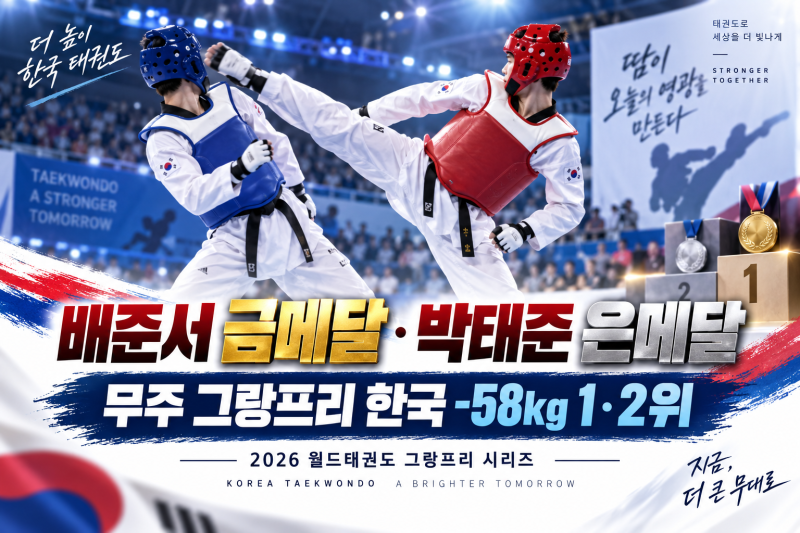 배준서 금메달·박태준 은메달! 무주 월드태권도 그랑프리서 한국 -58kg 1·2위