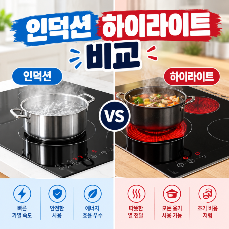인덕션 vs 하이라이트 비교 총정리! 전기요금, 용기, 추천 가이드[주방가전 비교]